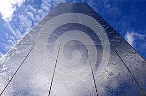 Steel water feature perspective in Cardiff Bay.