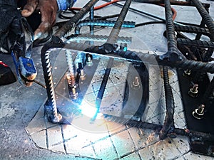 Steel welding for making footing of tower transmitter in harbor port. Support Pole footing.