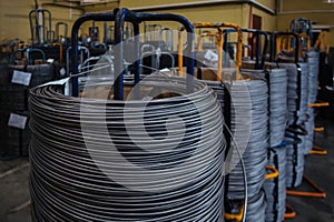 Steel wire coil in metalworking factory