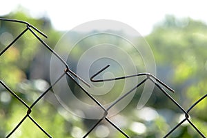 Steel wire mesh fence on a blurred background, free area for text.