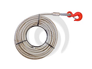 Steel wire rope cable and red hook isolated on white background. clipping path.