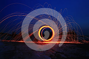 Steel wool fire ,Glowing sparks from spinning steel woolï¼ŒArt of burning steel wool light