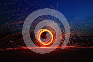 Steel wool fire ,Glowing sparks from spinning steel woolï¼ŒArt of burning steel wool light
