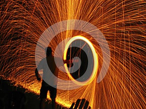 Steel wool on fire withSpinning sparks fly at night