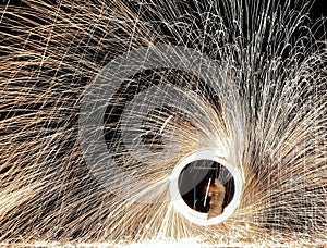 Steel wool show, girl, fireworks, fire, circle