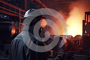 A steelmaker in a helmet at a metallurgical furnace watches hot steel pour out of it. Generative AI