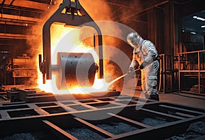 Steelmaker wearing protective clothe at ingot casting. Electric arc furnace shop. Metallurgy. steelmaker pours pig iron