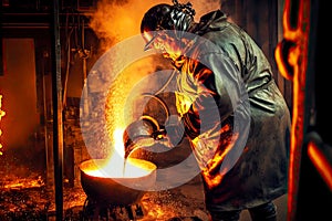 Steelmaker stirs molten steel in cast iron vat on foundry industry