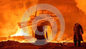 Steelworker near a blast furnace with sparks. Foundry. Heavy industry