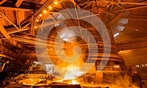 Steelworker near a blast furnace with sparks. Foundry. Heavy industry