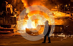 Steelworker near a blast furnace with sparks photo