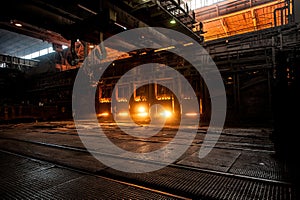 Steelworker near the working open hearth furnace