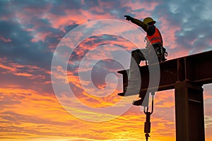 steelworker perched high with sunset skies behind