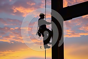 steelworker perched high with sunset skies behind photo