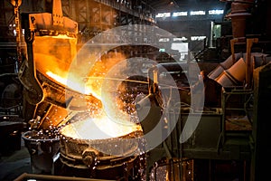 Steelworker at work near the tanks with hot metal