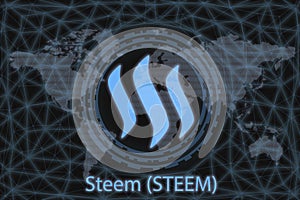 Steem Abstract Cryptocurrency. With a dark background and a world map. Graphic concept for your design