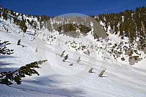 Steep angled slopes on mountain showing avalanche terrain