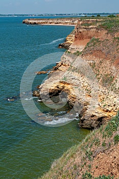 Steep clayey and shell rock shore overgrown with wild steppe vegetation on the island of Berezan, Ukraine