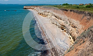 Steep clayey and shell rock shore overgrown with wild steppe vegetation on the island of Berezan, Ukraine