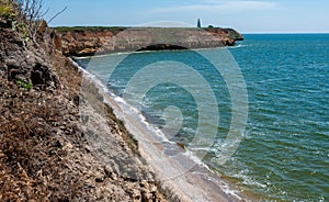 Steep clayey and shell rock shore overgrown with wild steppe vegetation on the island of Berezan, Ukraine