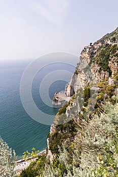 Steep cliffs leading down to the sea near Sorrento, Italy