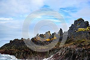 Steep cliffs with moss and algal, caves and seashore in South Georgia