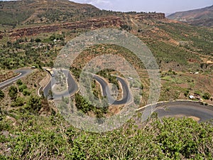 Steep climb of a road in the mountains of Ethiopia