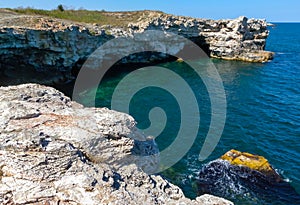 Steep coast with karst caves and grottoes near the village of Tyulenovo, Bulgary