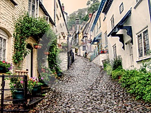 Steep cobbled street in Clovelly, Devon.