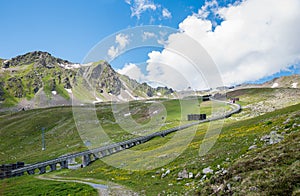 Steep funicular railway Parsenn mountain landscape WeiÃŸfluhjoch Davos, Swiss alps