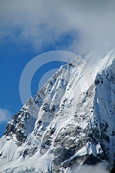 Steep mountainside with rocks, snow and ice