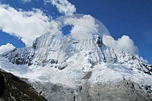 Steep mountainside with rocks, snow and ice