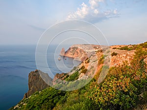 Steep precipitous shore of sea and coastal cliffs, top view