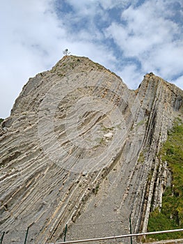 Steep rock formation at Zumaya in Spain: a sequence of shales interbedded with sandstones photo