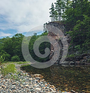 A steep rock overgrown with forest. Bank of mountain river.