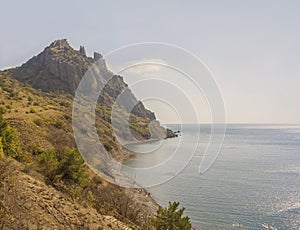 Steep rock shore and beach on the black sea coast.Crimea