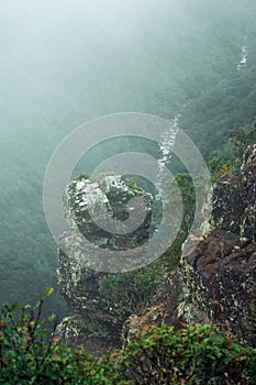 Steep rocky cliff with bushes and mist