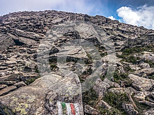 Steep rocky tourist route to Babia Mountain Peak, Beskid Zywiecki Mountains, Poland