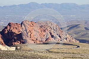 Red Rock Canyon rising in Nevada, USA, with scenic loop drive ro