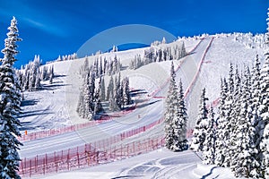 Steep Speed skiing slope at Velocity Challenge and FIS Speed Ski World Cup Race at Sun Peaks Ski Resort