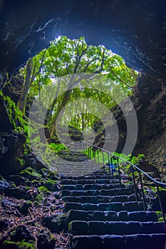 Steep staircase leading to gruta das torres cave at Pico island, photo