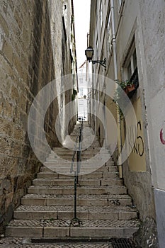Steep staircase leading up in the old town of Lisbon