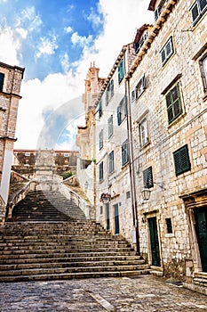 Steep stairs and narrow street in old town of Dubrovnik