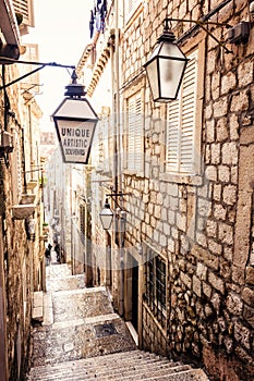 Steep stairs and narrow street in old town of Dubrovnik