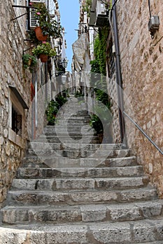 Steep stairs and narrow street in old town of Dubrovnik