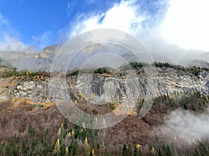 Steep stone cliffs and vertical rocks above the alpine river Tamina and over the Taminatal valley, VÃÂ¤ttis - Canton of St. Gallen photo