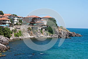 Steep stone seacoast in the Bulgarian town of Sozopol