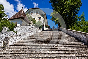 Steep stony staircase on Bled Island, Slovenia.