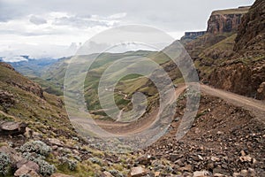 Steep winding mountain road of Sani Pass between South Africa and the Kingdom of Lesotho