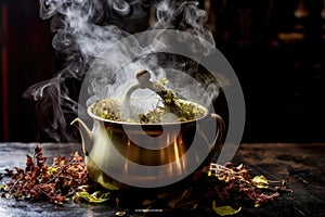 steeping tea leaves with steam coming off water